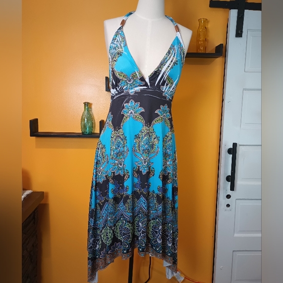 Chelsea Blue White and Green Floral Halter Dress Size M - Picture 2 of 13